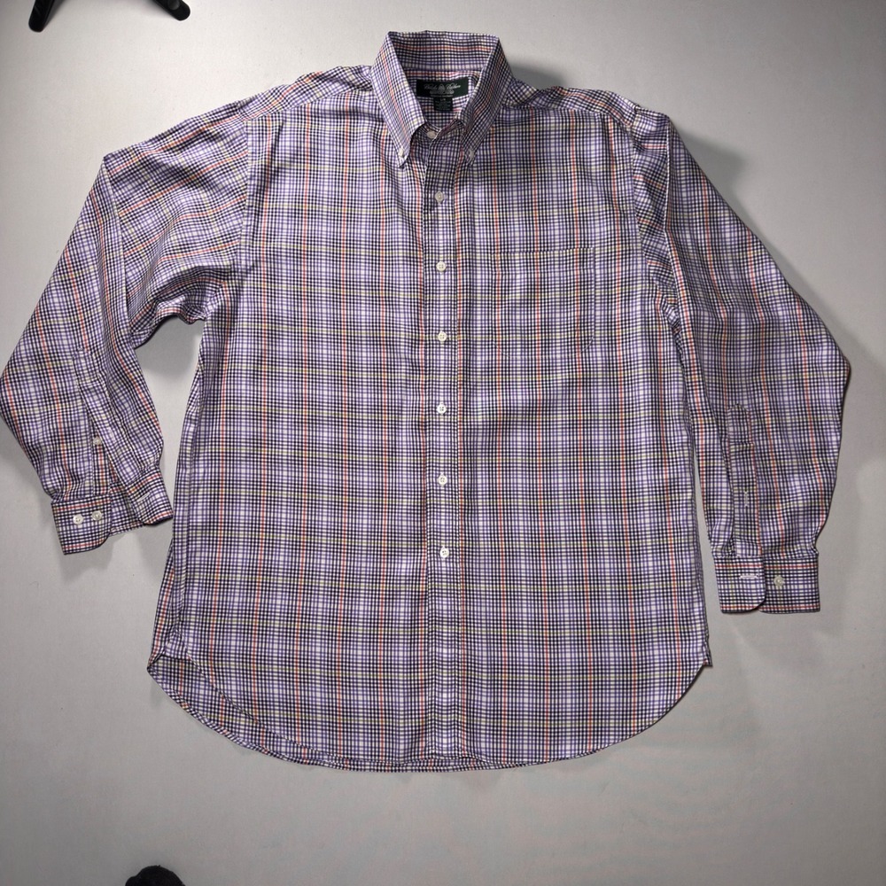 Brooks Brothers Country Club Button Shirt Mens L/R Purple Plaid‎  ITALY USA